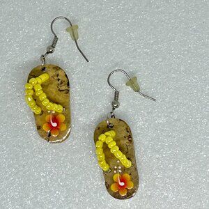 Hand Painted Floral Beach-Themed Flip Flop Dangle Earrings w Yellow Beads